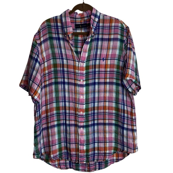 Ralph Lauren Casual Plaid Button Down Shirt Men’s XL Pony Short Sleeve Pink Blue - Picture 1 of 9